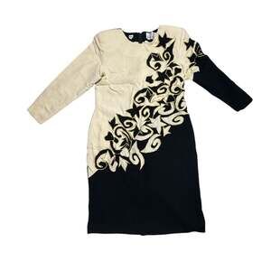 Vintage Magali Collection 100% Wool Colorblock Applique Long Sleeve Sheath Dress